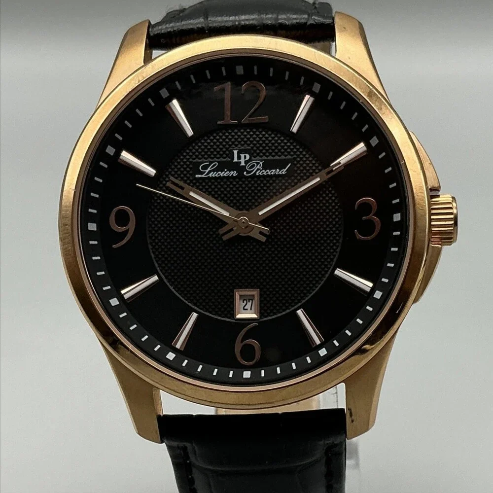 Lucien Piccard Mens Watch 42mm Black Dial Rose Gold Tone Date New Battery